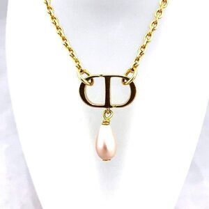 Dior Gold X Light Pink CD Logo Fake Pearl Brand Accessories Necklace Women's